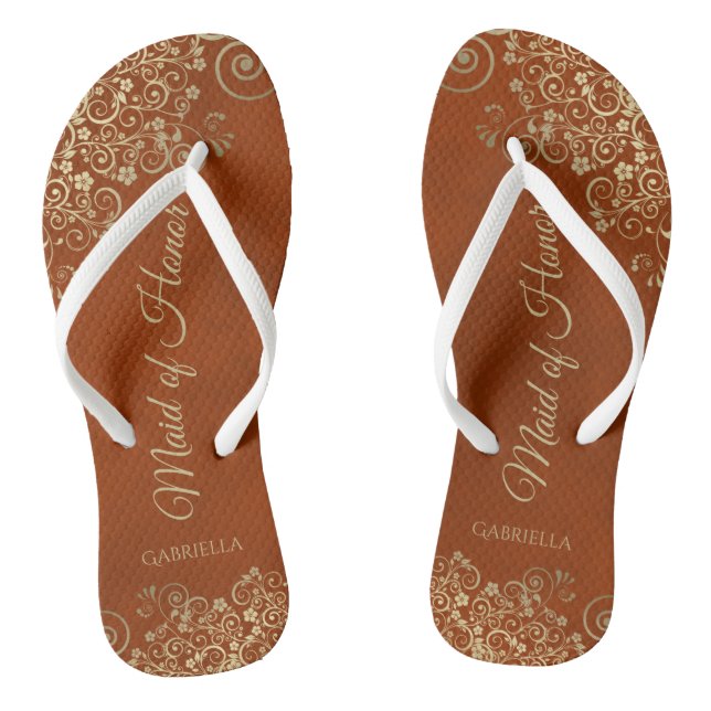 Gold Lace on Rust Orange Maid of Honour Wedding Flip Flops (Footbed)