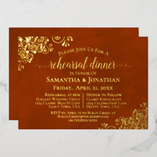 Gold Lace on Rust Orange Wedding Rehearsal Dinner