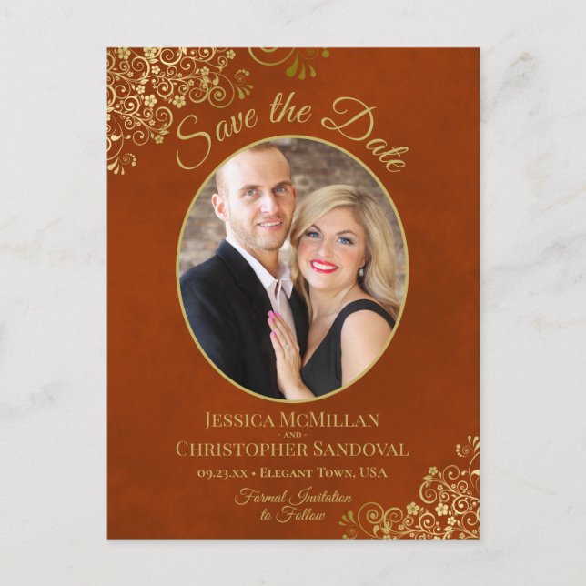 Gold Lace on Rust Wedding Save the Date Oval Photo Announcement Postcard (Front)