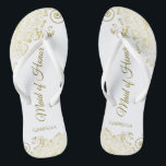 Gold Lace on White Elegant Maid of Honour Wedding Flip Flops<br><div class="desc">These beautiful wedding flip flops are a great way to thank and recognize your Maid of Honour while saving her feet at the same time. Features an elegant design with golden lace frills on a white background and fancy gold coloured script lettering. The test reads Maid of Honour with her...</div>