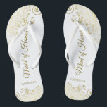 Gold Lace on White Elegant Maid of Honour Wedding Flip Flops<br><div class="desc">These beautiful wedding flip flops are a great way to thank and recognize your Maid of Honour while saving her feet at the same time. Features an elegant design with golden lace frills on a white background and fancy gold coloured script lettering. The test reads Maid of Honour with her...</div>