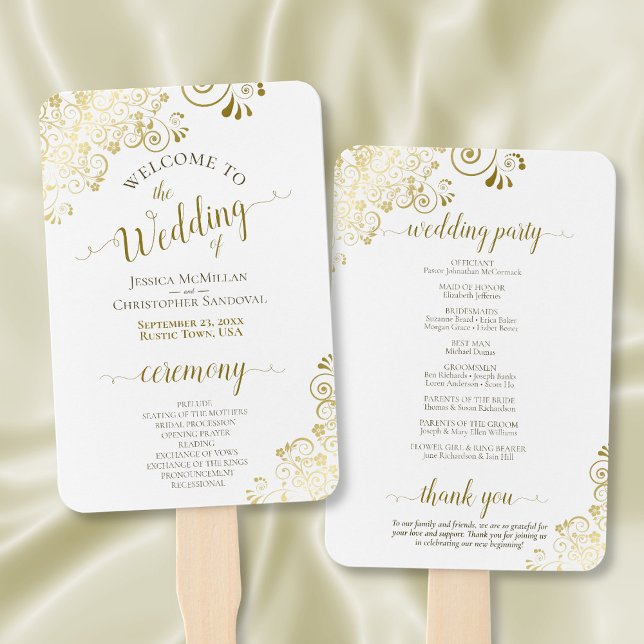 Gold Lace on White Elegant Wedding Program Hand Fan (Front/Back)