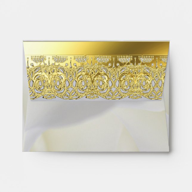Gold Lace on White Rose Wedding Envelope (Back (Top Flap))