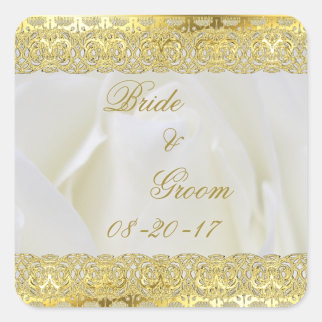 Gold Lace on White Rose Wedding Square Sticker (Front)