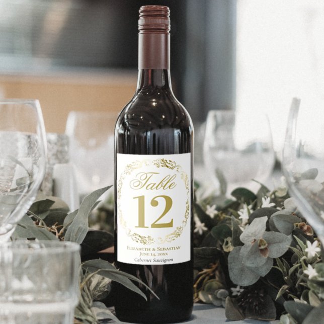 Gold Lace on White Wedding Table Number Wine Label (Creator Uploaded)
