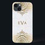 Gold Lace Ornament Custom White Background iPhone 13 Case<br><div class="desc">Elegant gold ornate floral lace ornament over white circles pattern background. Design can be requested in any colours and on any product we offer. Custom and optional monogram.</div>