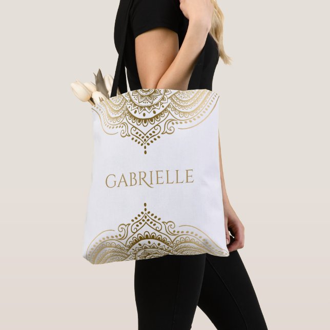 Gold Lace Paisley Mandala Tote Bag (Close Up)