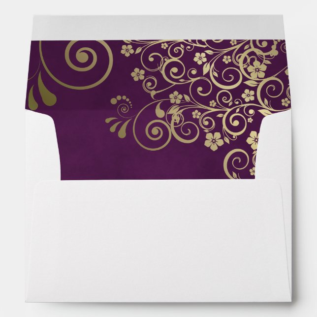 Gold Lace Plum Purple Inside Flap Elegant Wedding Envelope (Back (Bottom))