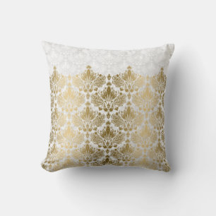 Gold Lace Plush White Damasks Background Throw Pillow