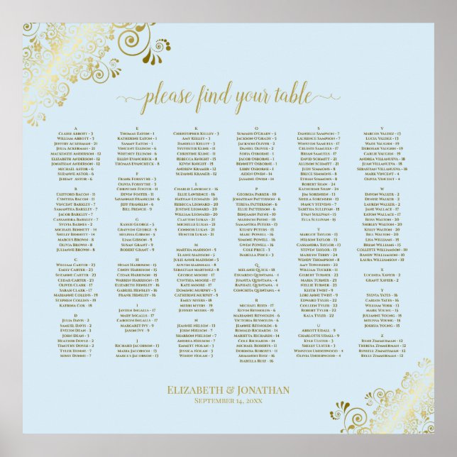 Gold Lace Powder Blue Alphabetical Seating Chart (Front)