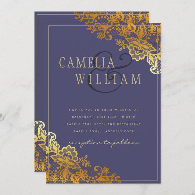 Gold Lace Purple Wedding Invitations Budget (Front/Back)