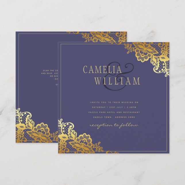 Gold Lace Purple Wedding Invitations Budget (Front/Back)