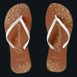 Gold Lace & Rust Orange Elegant Bridesmaid Wedding Flip Flops<br><div class="desc">These elegant wedding flip flops are a great way to thank and recognize your bridesmaids, while giving their feet a rest after a long day. The beautiful design features an elegant design with golden lace frills on a rust orange coloured background and fancy gold coloured script lettering. The text reads...</div>