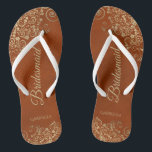 Gold Lace & Rust Orange Elegant Bridesmaid Wedding Flip Flops<br><div class="desc">These elegant wedding flip flops are a great way to thank and recognize your bridesmaids, while giving their feet a rest after a long day. The beautiful design features an elegant design with golden lace frills on a rust orange coloured background and fancy gold coloured script lettering. The text reads...</div>