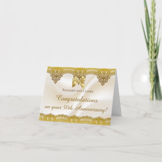 Gold Lace Satin Ribbon 50th Golden Anniverary Card (Front)