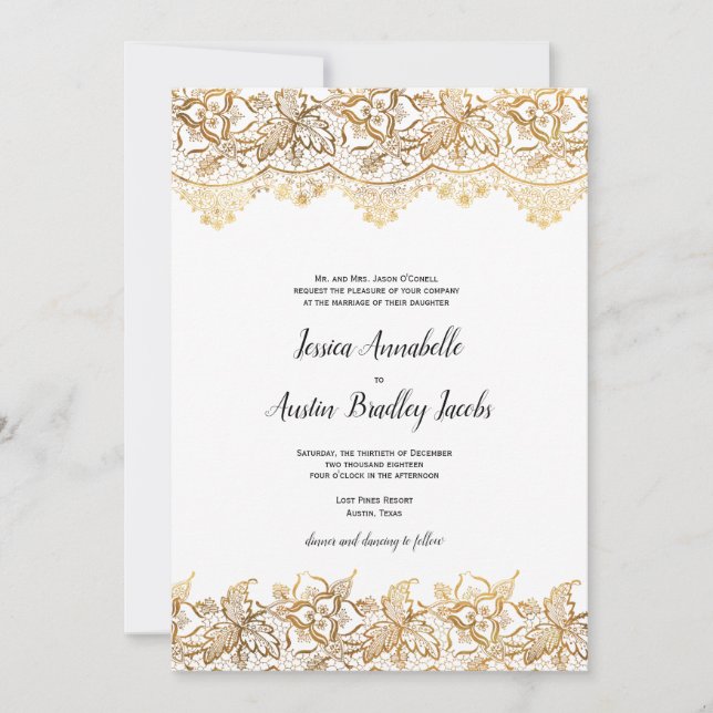 Gold Lace Wedding Invitation Vintage Boho (Front)