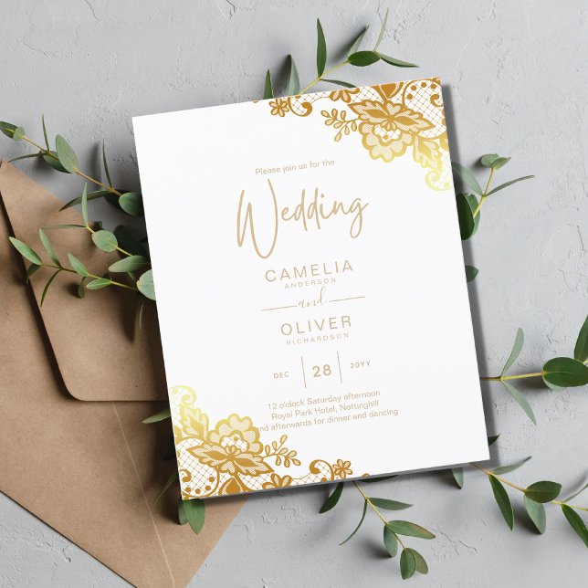 Gold Lace White Wedding Invitation Classic Elegant (Creator Uploaded)