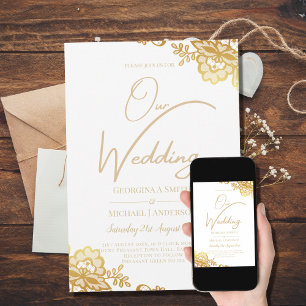 Gold Lace White Wedding Invitation Classic Elegant