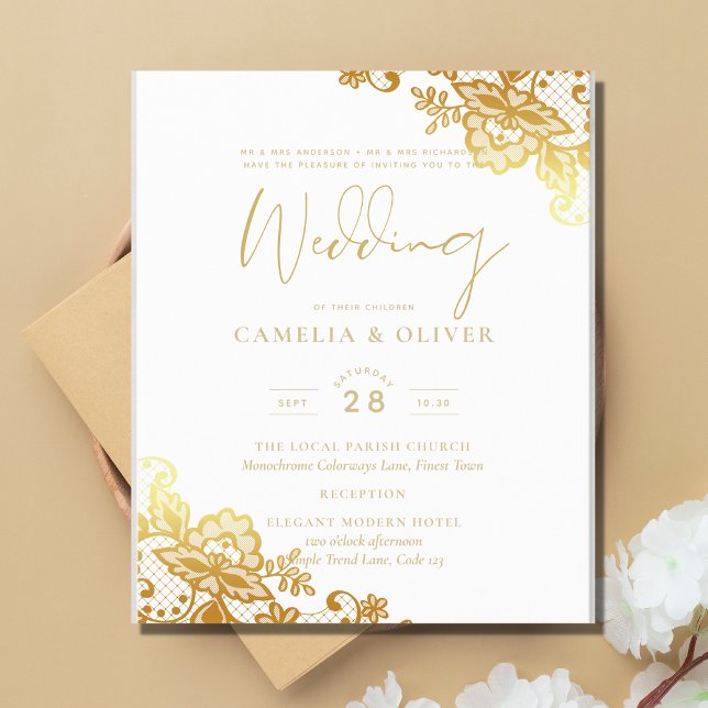 Gold Lace White Wedding Invitation Elegant Classic Flyer (Creator Uploaded)
