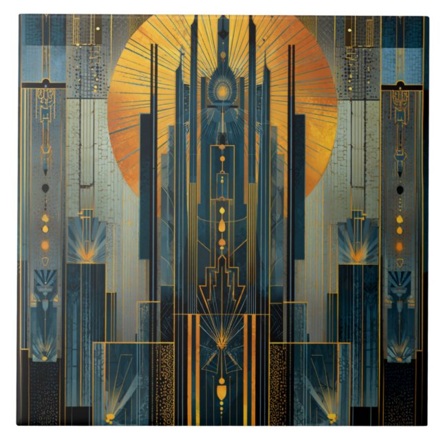  Gold Laced Midnight Art Deco Skyscraper Tile (Front)