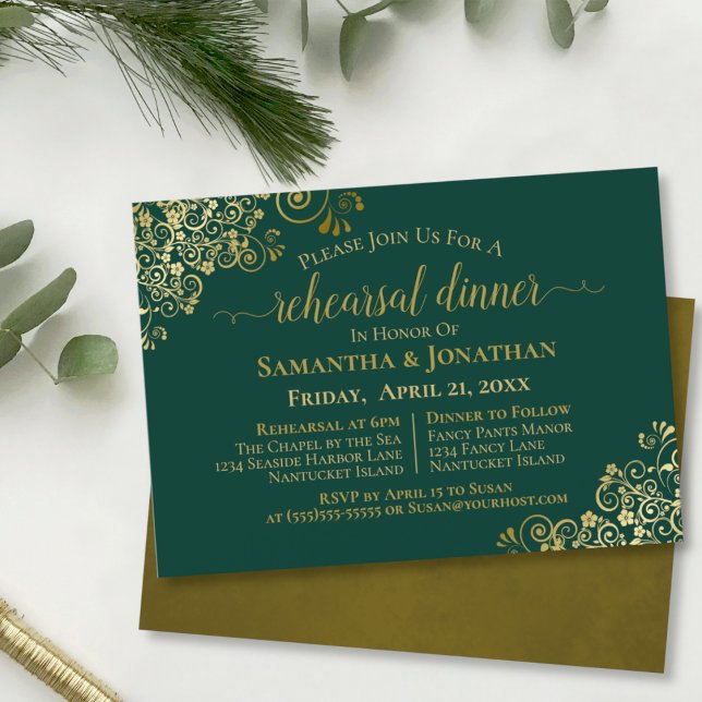 Gold Lacy Emerald Green Wedding Rehearsal & Dinner Invitation (Creator Uploaded)