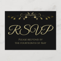 Gold Lacy Flourish on Black Elegant Wedding RSVP