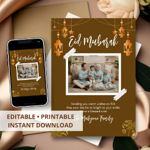 Gold Lantern Eid Mubarak Famlly Photo Card 