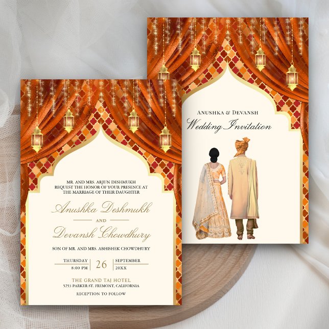 Gold Lanterns Rust Orange Indian Couple Wedding Invitation (Creator Uploaded)