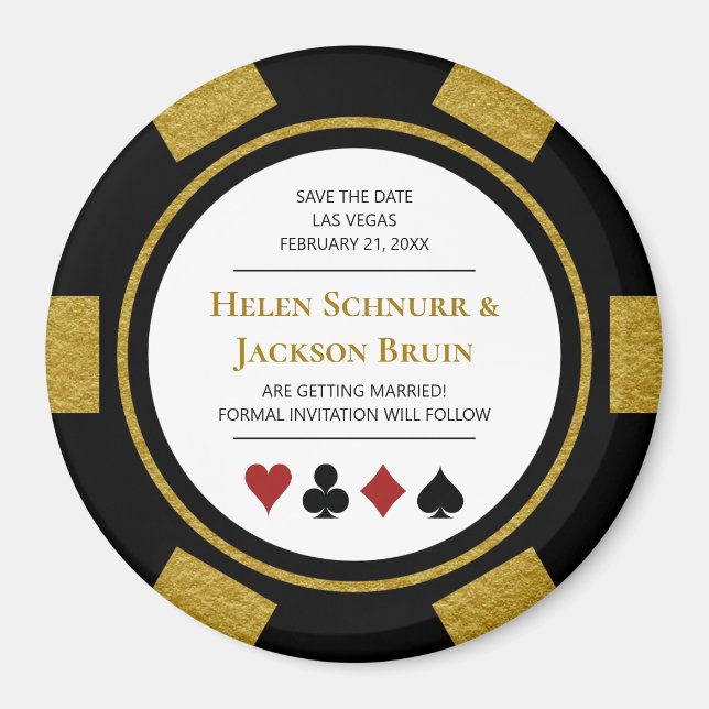 Gold Las Vegas Wedding Save The Date Poker Chip Magnet (Front)