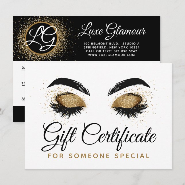 Gold Lash Brow Bar Beauté Carte de certificat cade (Devant / Derrière)