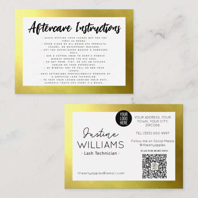 gold Lashes Eyelash Extensions aftercare Business Card (Front/Back)