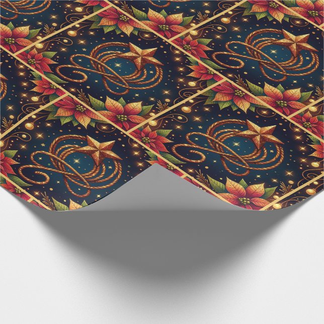 Gold Lasso and Star With Poinsettias Christmas Wrapping Paper (Corner)