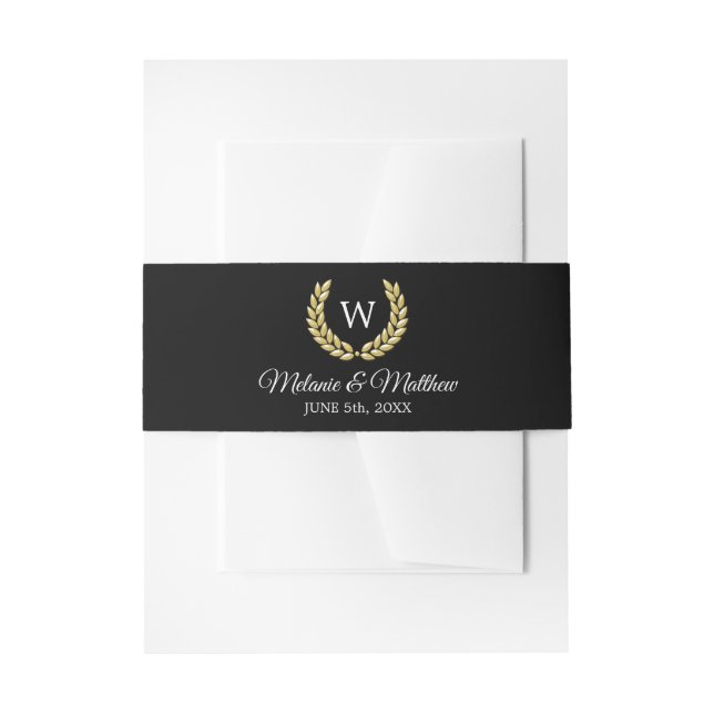 Gold Laurel Black White Monogram Wedding Invitation Belly Band (Front Example)