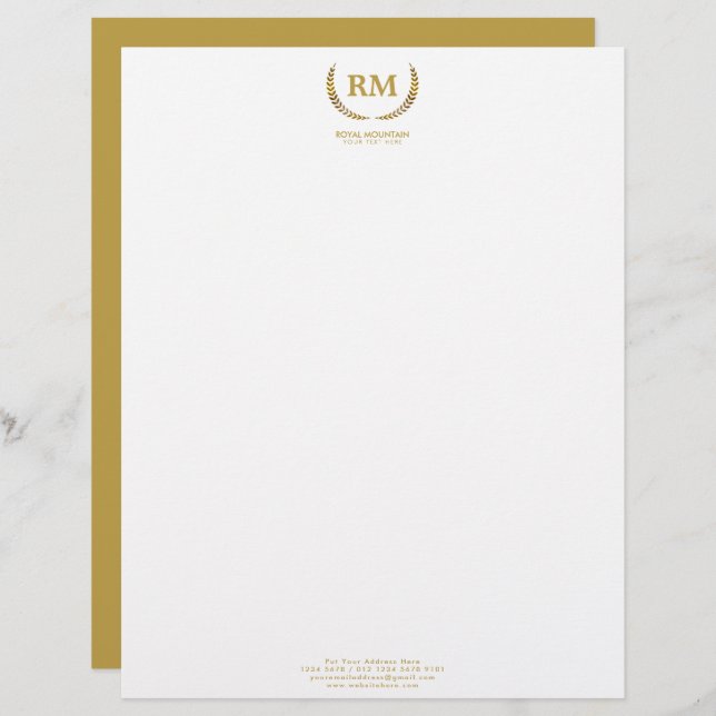 Gold Laurel Leaves | Elegant Initial on white Letterhead (Front/Back)