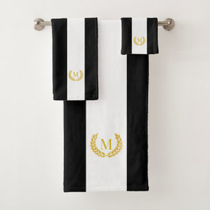 Gold Laurel & Monogram on Black & White Striped Bath Towel Set