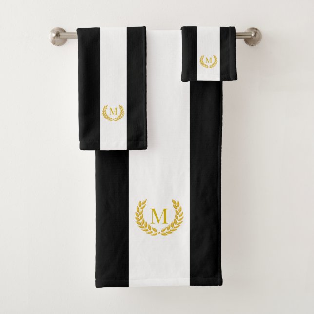 Gold Laurel & Monogram on Black & White Striped Bath Towel Set (Insitu)