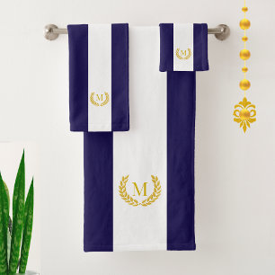 Gold Laurel & Monogram on Blue & White Striped Bath Towel Set