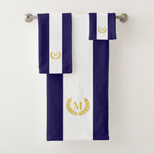 Gold Laurel & Monogram on Blue & White Striped Bath Towel Set