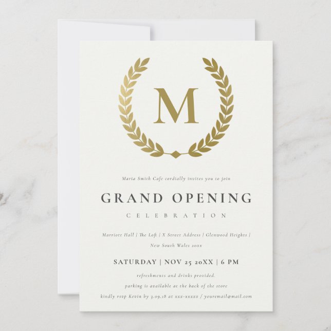 Gold Laurel Monogram Ornate Grand Opening Invite (Front)