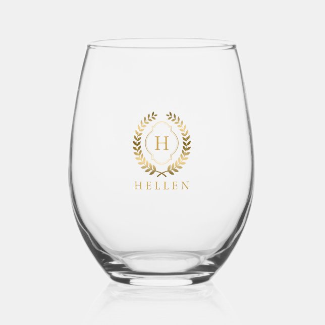 Gold Laurel Wreath Badge Custom Name Stemless Wine Glass (Front)