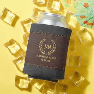 Gold Laurel Wreath Brown & Black Stitched Leather Can Cooler