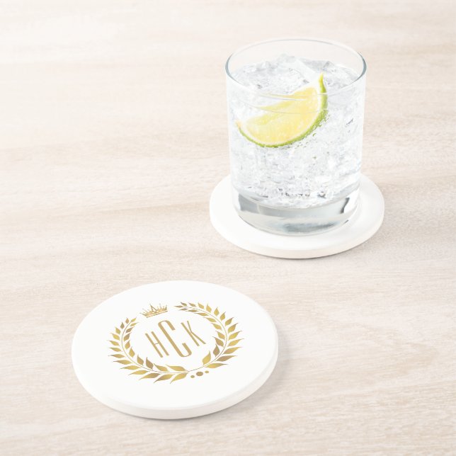 Gold Laurel Wreath Custom Monogram Coaster (Side)