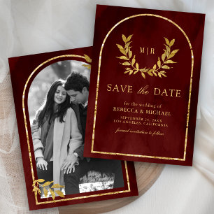 Gold Laurel Wreath Leaves Burgundy Red Wedding Save The Date