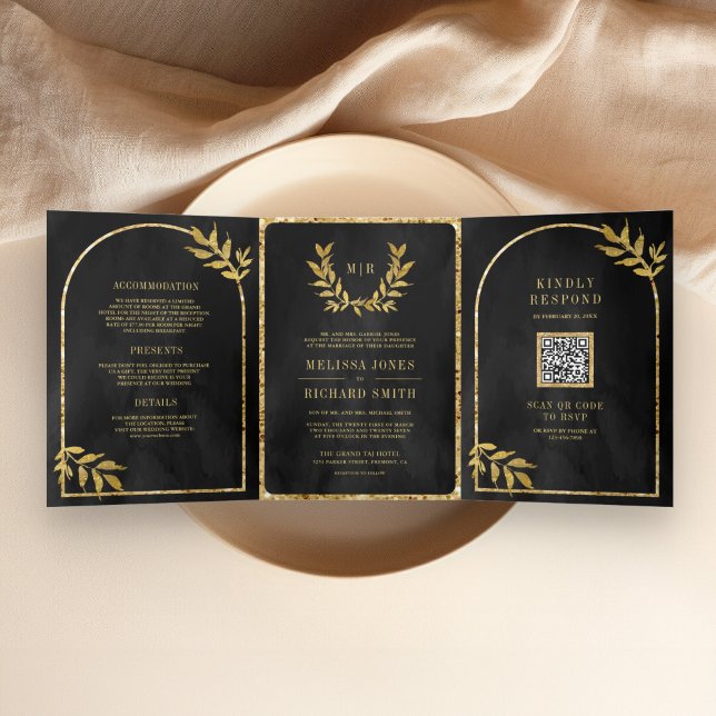 Gold Laurel Wreath Leaves Charcoal Grey Wedding Tri-Fold Invitation (Creator Uploaded)