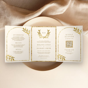 Gold Laurel Wreath Leaves Cream Wedding Tri-Fold Invitation