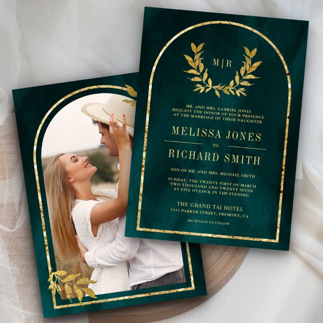 Gold Laurel Wreath Leaves Dark Teal Wedding Invitation (Creator Uploaded)