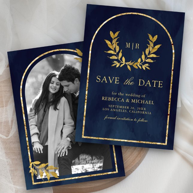 Gold Laurel Wreath Leaves Navy Blue Wedding Save The Date (Creator Uploaded)