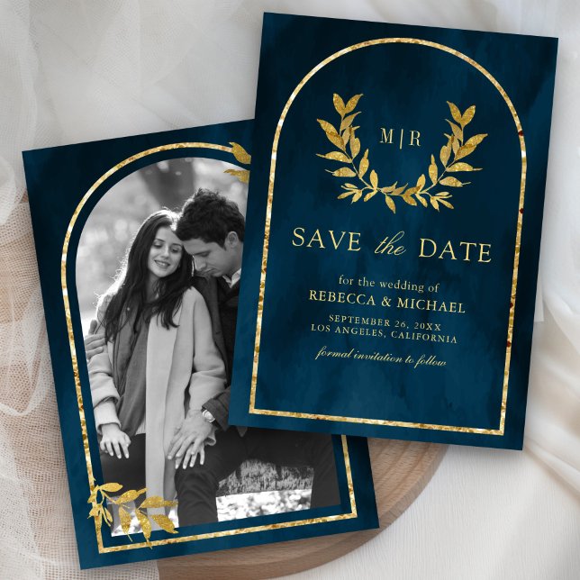 Gold Laurel Wreath Leaves Ocean Blue Wedding Save The Date (Creator Uploaded)
