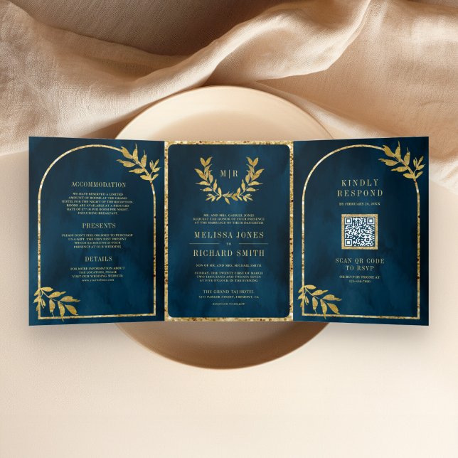 Gold Laurel Wreath Leaves Ocean Blue Wedding Tri-Fold Invitation (Creator Uploaded)