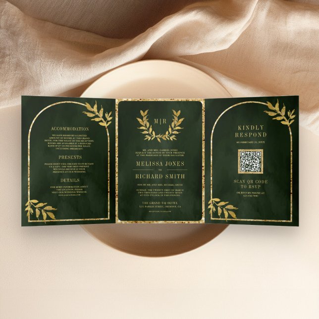 Gold Laurel Wreath Leaves Olive Green Wedding Tri-Fold Invitation (Creator Uploaded)